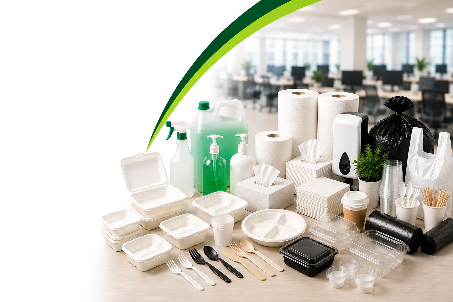 Productos de limpieza, higiénicos y desechables: garrafas, jabón, papel, bolsas, contenedores y cubiertos